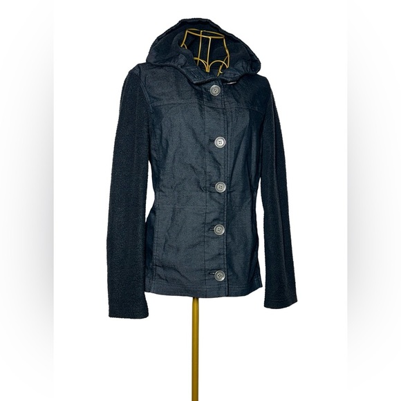 Prana Mixed Media Toni Jacket in Dark Indigo with Warm Arms in Black & Hoodie, S - Picture 2 of 16